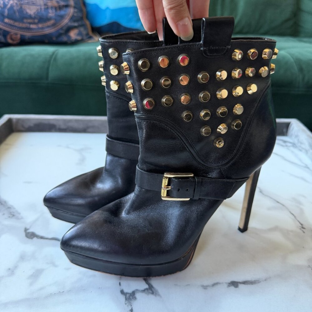 Michael Kors Bryn Black Leather Studded Stiletto Booties Size 7.5 - Picture 4 of 10
